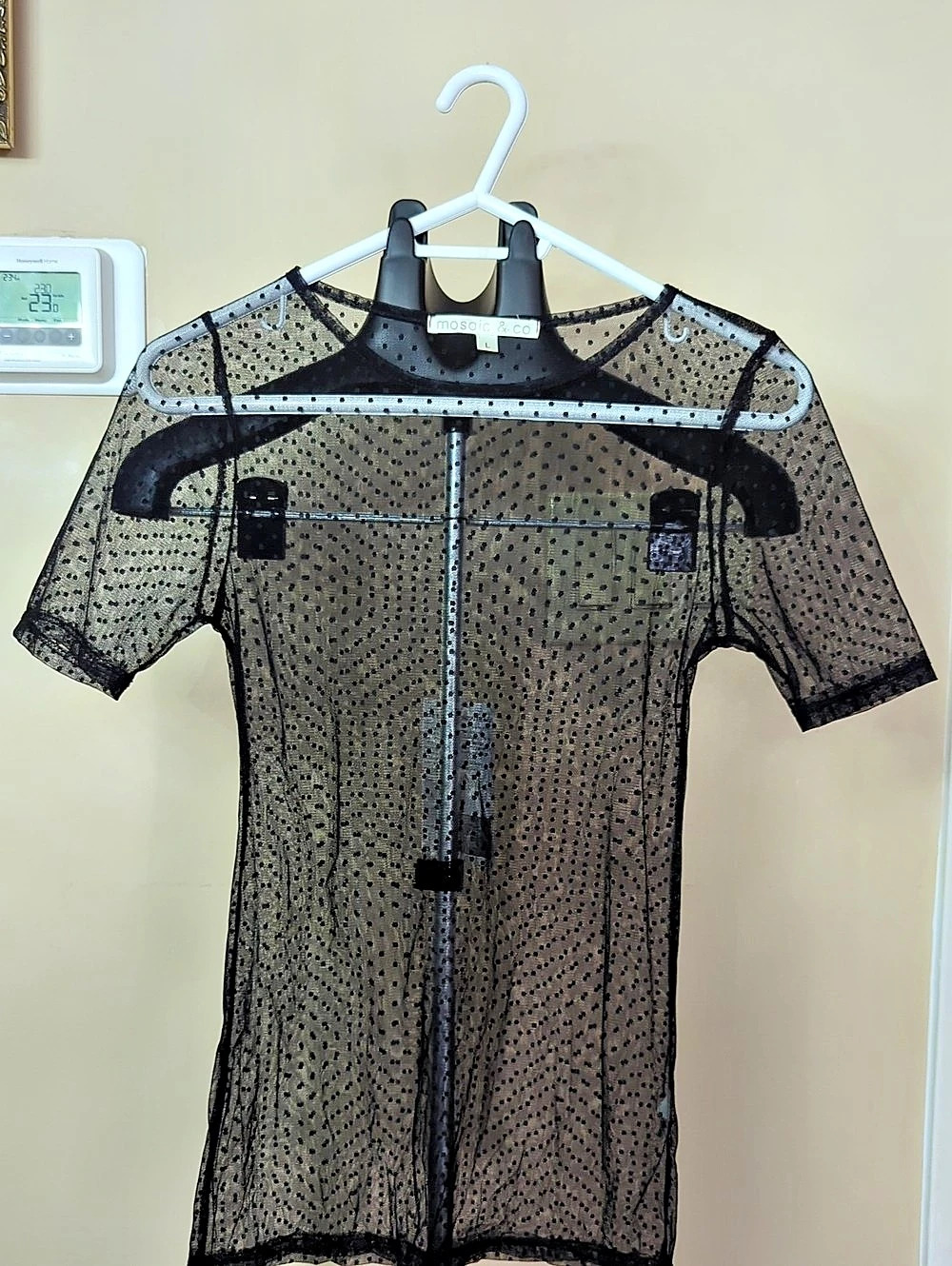 Mosaic & Co Polka Dot Mesh Top in Black Large Like New